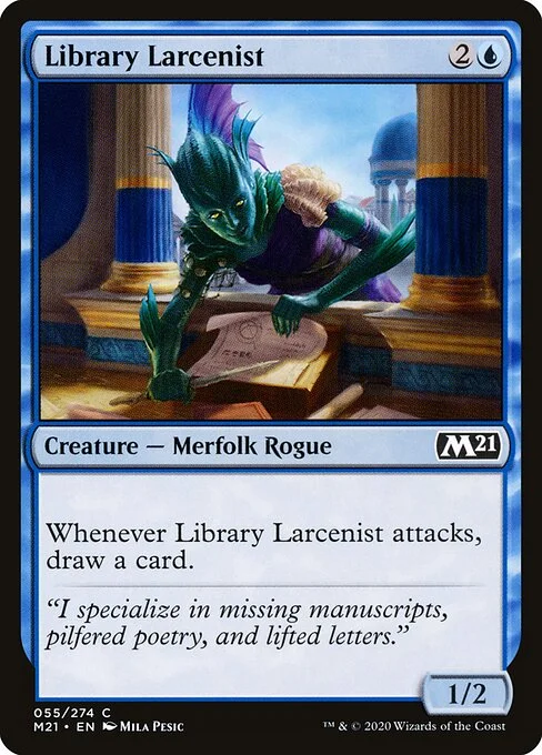 Library Larcenist, carta Magic di tipo Creature — Merfolk Rogue illustrata da Mila Pesic