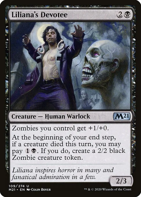 Liliana's Devotee, carta Magic di tipo Creature — Human Warlock illustrata da Colin Boyer