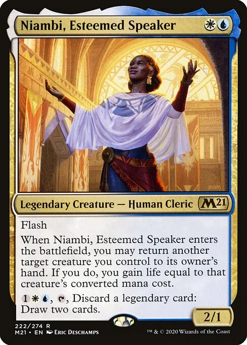 Niambi, Esteemed Speaker, carta Magic di tipo Legendary Creature — Human Cleric illustrata da Eric Deschamps