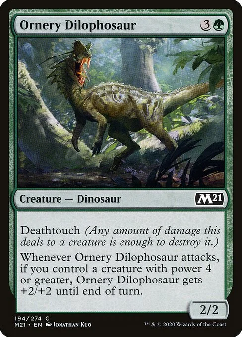 Ornery Dilophosaur, carta Magic di tipo Creature — Dinosaur illustrata da Jonathan Kuo