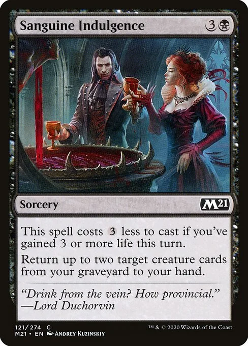 Sanguine Indulgence, carta Magic di tipo Sorcery illustrata da Andrey Kuzinskiy