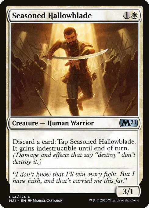 Seasoned Hallowblade, carta Magic di tipo Creature — Human Warrior illustrata da Manuel Castañón