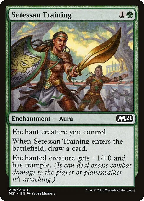 Setessan Training, carta Magic di tipo Enchantment — Aura illustrata da Scott Murphy