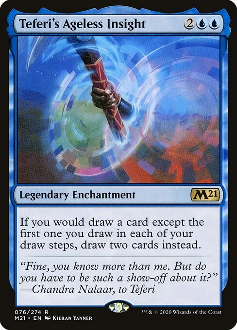 Teferi's Ageless Insight, carta Magic di tipo Legendary Enchantment illustrata da Kieran Yanner