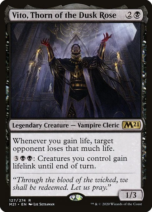 Vito, Thorn of the Dusk Rose, carta Magic di tipo Legendary Creature — Vampire Cleric illustrata da Lie Setiawan