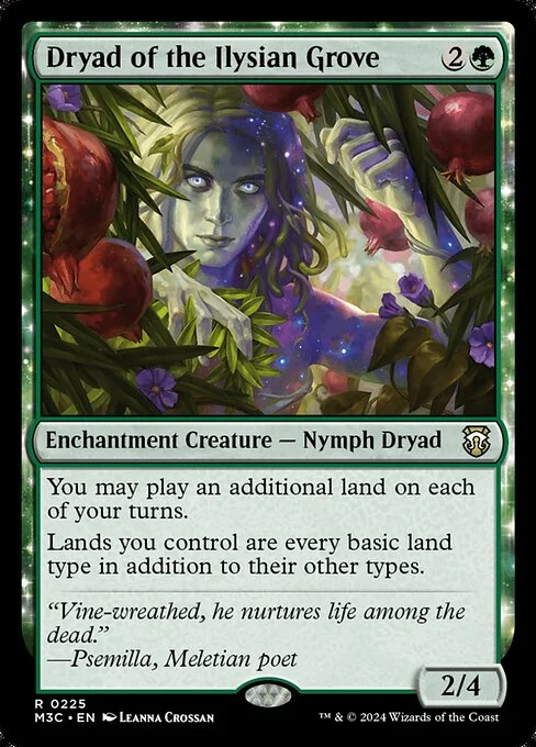 Dryad of the Ilysian Grove, carta Magic di tipo Enchantment Creature — Nymph Dryad illustrata da Leanna Crossan