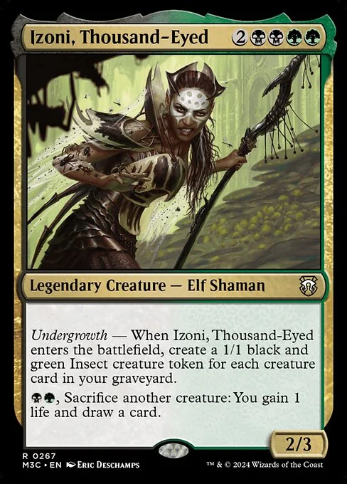 Izoni, Thousand-Eyed, carta Magic di tipo Legendary Creature — Elf Shaman illustrata da Eric Deschamps