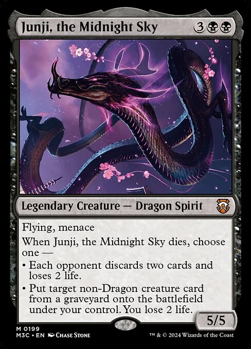 Junji, the Midnight Sky, carta Magic di tipo Legendary Creature — Dragon Spirit illustrata da Chase Stone
