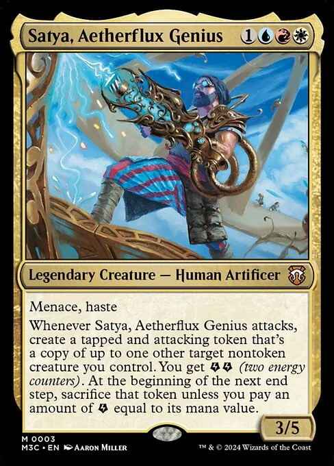 Satya, Aetherflux Genius, carta Magic di tipo Legendary Creature — Human Artificer illustrata da Aaron Miller