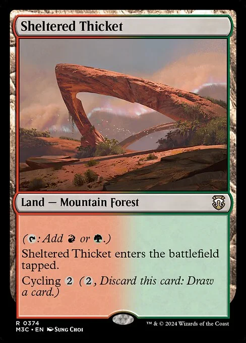 Sheltered Thicket, carta Magic di tipo Land — Mountain Forest illustrata da Sung Choi