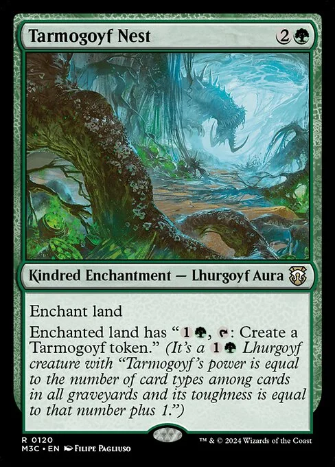 Tarmogoyf Nest, carta Magic di tipo Kindred Enchantment — Lhurgoyf Aura illustrata da Filipe Pagliuso