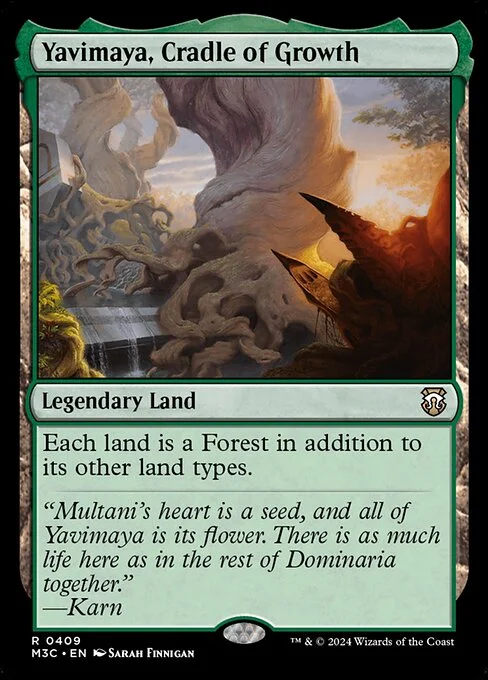 Yavimaya, Cradle of Growth, carta Magic di tipo Legendary Land illustrata da Sarah Finnigan