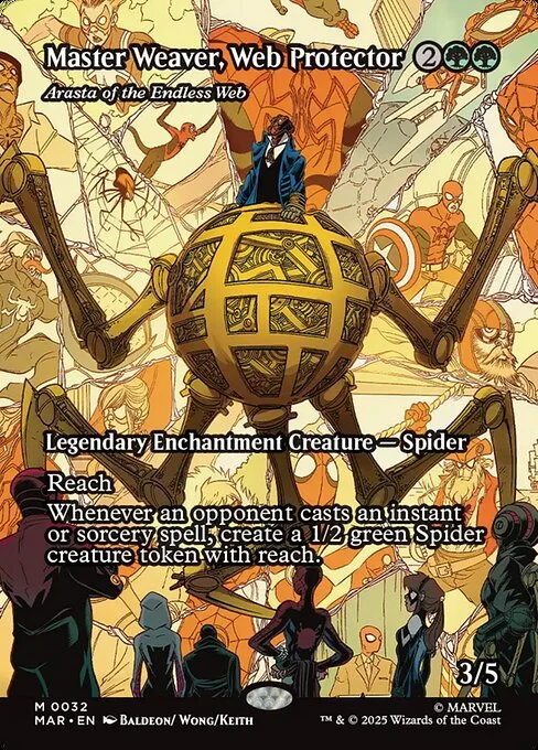 Arasta of the Endless Web, carta Magic di tipo Legendary Enchantment Creature — Spider illustrata da David Baldeon & Walden Wong