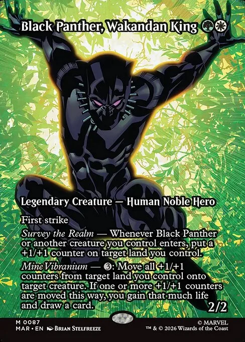 Black Panther, Wakandan King, carta Magic di tipo Legendary Creature — Human Noble Hero illustrata da Brian Stelfreeze