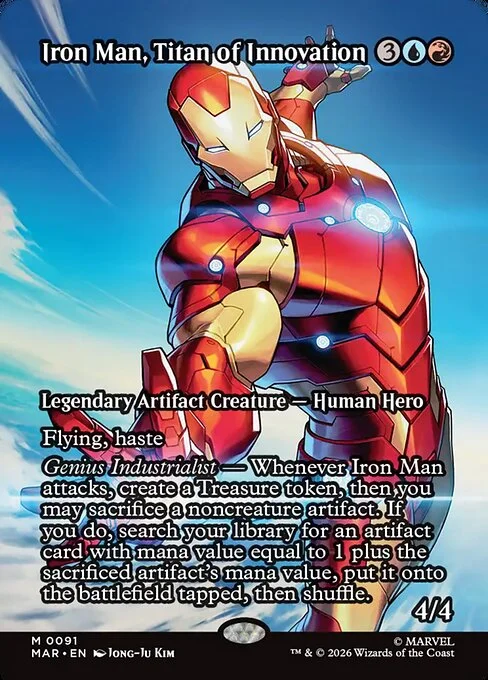 Iron Man, Titan of Innovation, carta Magic di tipo Legendary Artifact Creature — Human Hero illustrata da Jong-Ju Kim
