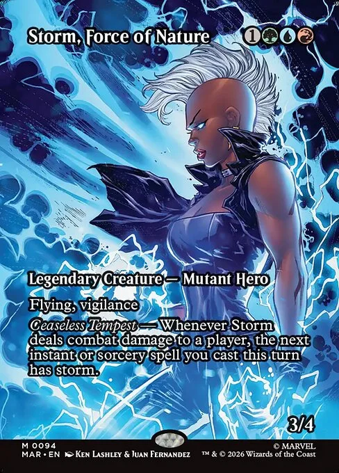 Storm, Force of Nature, carta Magic di tipo Legendary Creature — Mutant Hero illustrata da Ken Lashley & Juan Fernandez