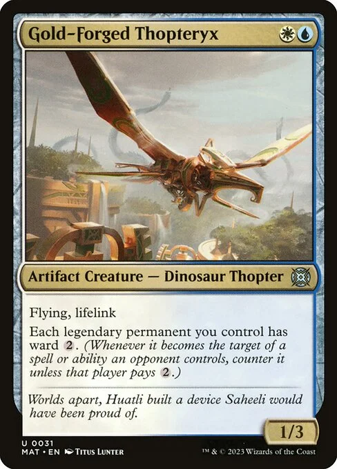 Gold-Forged Thopteryx, carta Magic di tipo Artifact Creature — Dinosaur Thopter illustrata da Titus Lunter
