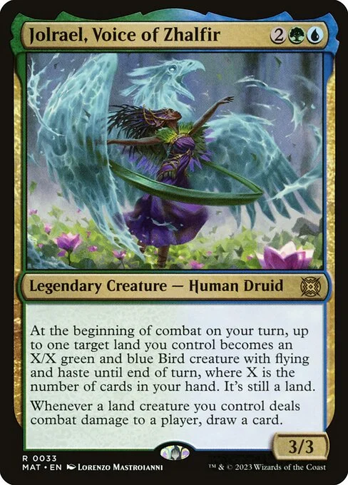 Jolrael, Voice of Zhalfir, carta Magic di tipo Legendary Creature — Human Druid illustrata da Lorenzo Mastroianni