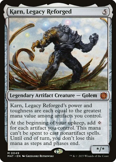 Karn, Legacy Reforged, carta Magic di tipo Legendary Artifact Creature — Golem illustrata da Grzegorz Rutkowski