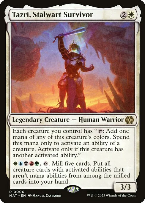 Tazri, Stalwart Survivor, carta Magic di tipo Legendary Creature — Human Warrior illustrata da Manuel Castañón