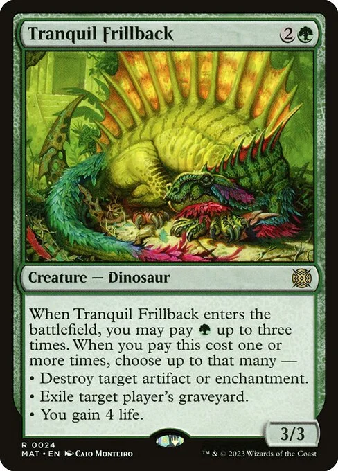 Tranquil Frillback, carta Magic di tipo Creature — Dinosaur illustrata da Caio Monteiro