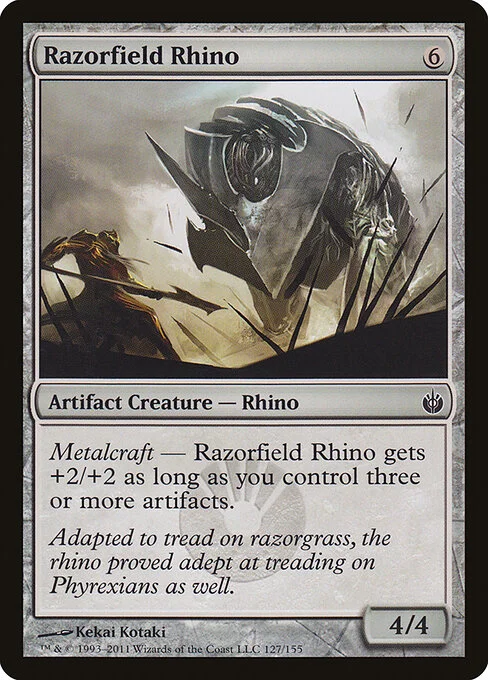 Razorfield Rhino, carta Magic di tipo Artifact Creature — Rhino illustrata da Kekai Kotaki
