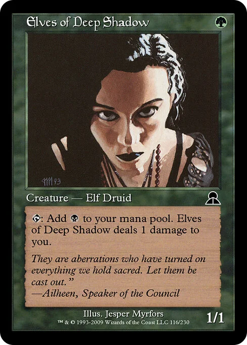Elves of Deep Shadow, carta Magic di tipo Creature — Elf Druid illustrata da Jesper Myrfors