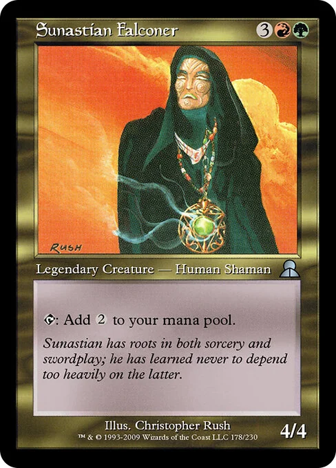 Sunastian Falconer, carta Magic di tipo Legendary Creature — Human Shaman illustrata da Christopher Rush