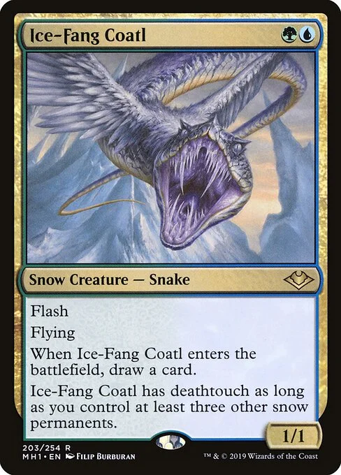 Ice-Fang Coatl, carta Magic di tipo Snow Creature — Snake illustrata da Filip Burburan