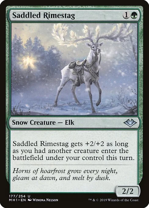 Saddled Rimestag, carta Magic di tipo Snow Creature — Elk illustrata da Winona Nelson