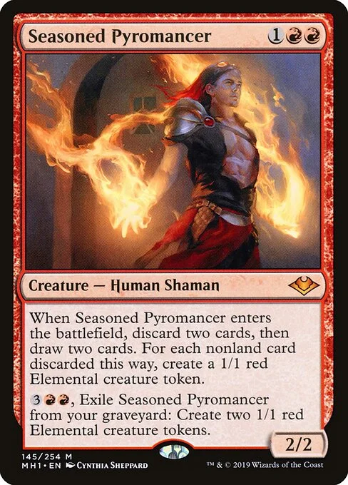 Seasoned Pyromancer, carta Magic di tipo Creature — Human Shaman illustrata da Cynthia Sheppard