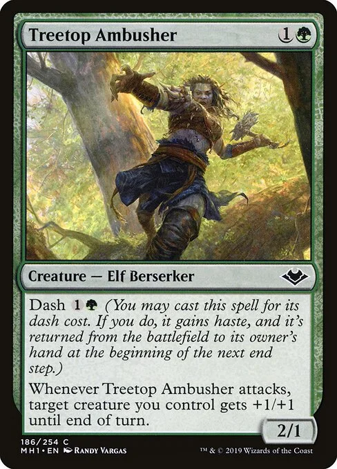 Treetop Ambusher, carta Magic di tipo Creature — Elf Berserker illustrata da Randy Vargas