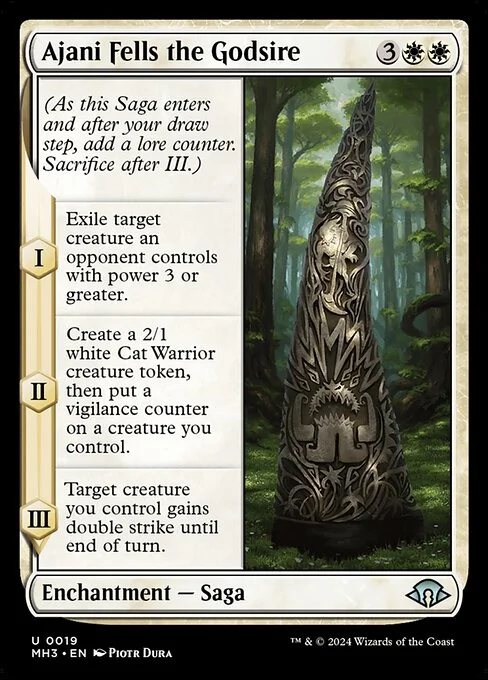 Ajani Fells the Godsire, carta Magic di tipo Enchantment — Saga illustrata da Piotr Dura