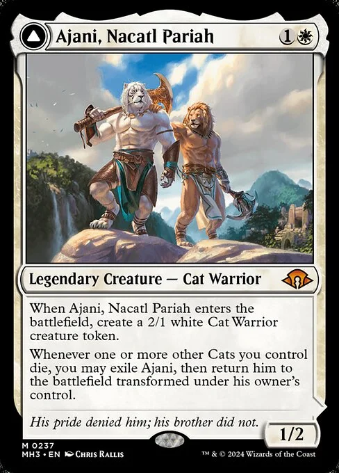 Ajani, Nacatl Pariah // Ajani, Nacatl Avenger, carta Magic di tipo Legendary Creature — Cat Warrior // Legendary Planeswalker — Ajani illustrata da Chris Rallis