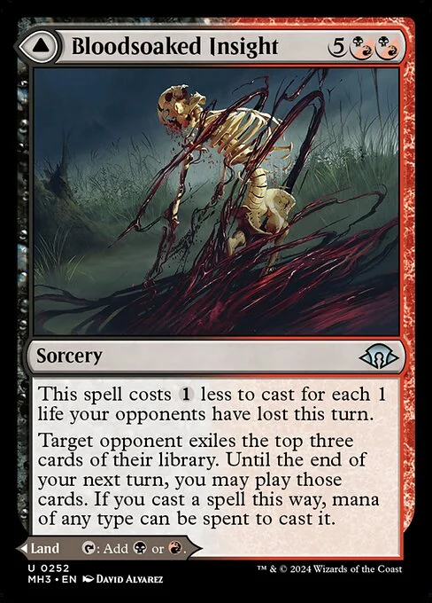 Bloodsoaked Insight // Sanguine Morass, carta Magic di tipo Sorcery // Land illustrata da David Álvarez