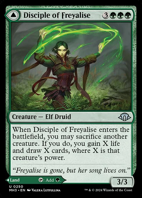 Disciple of Freyalise // Garden of Freyalise, carta Magic di tipo Creature — Elf Druid // Land illustrata da Valera Lutfullina