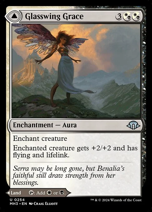 Glasswing Grace // Age-Graced Chapel, carta Magic di tipo Enchantment — Aura // Land illustrata da Craig Elliott & Maxime Minard