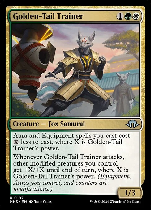Golden-Tail Trainer, carta Magic di tipo Creature — Fox Samurai illustrata da Nino Vecia
