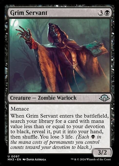 Grim Servant, carta Magic di tipo Creature — Zombie Warlock illustrata da David Astruga