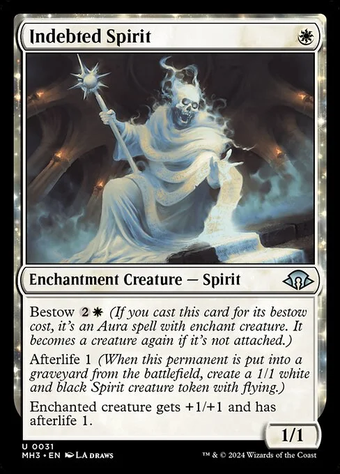 Indebted Spirit, carta Magic di tipo Enchantment Creature — Spirit illustrata da L.A. Draws