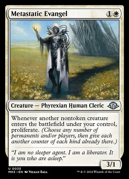 Metastatic Evangel, carta Magic di tipo Creature — Phyrexian Human Cleric illustrata da Volkan Baǵa