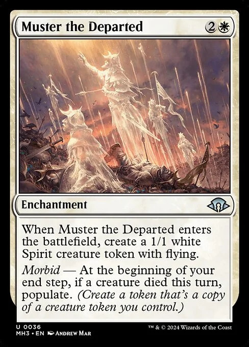 Muster the Departed, carta Magic di tipo Enchantment illustrata da Andrew Mar