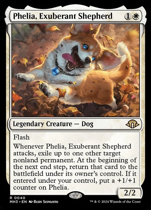 Phelia, Exuberant Shepherd, carta Magic di tipo Legendary Creature — Dog illustrata da Rudy Siswanto