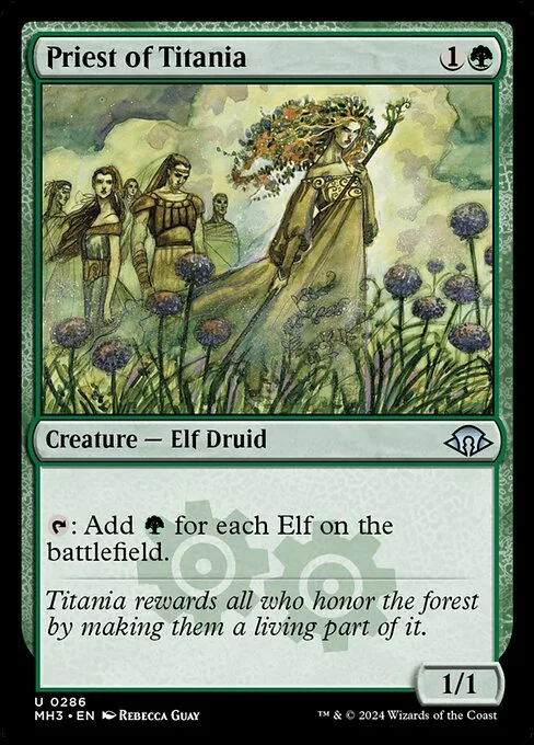 Priest of Titania, carta Magic di tipo Creature — Elf Druid illustrata da Rebecca Guay