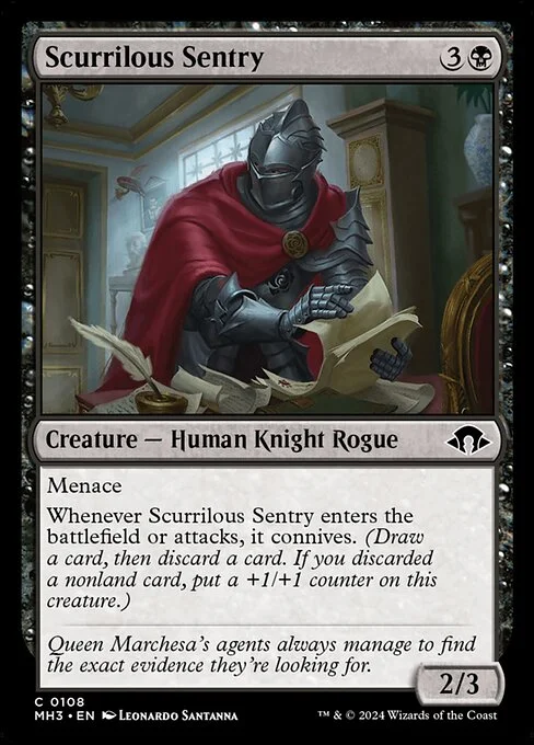 Scurrilous Sentry, carta Magic di tipo Creature — Human Knight Rogue illustrata da Leonardo Santanna