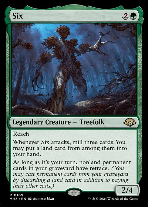 Six, carta Magic di tipo Legendary Creature — Treefolk illustrata da Andrew Mar