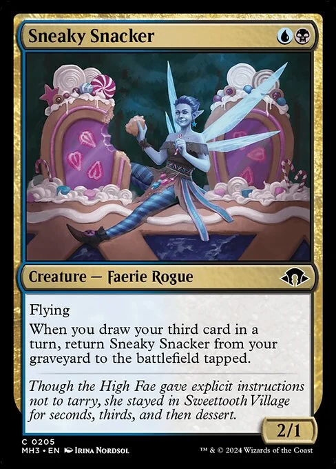 Sneaky Snacker, carta Magic di tipo Creature — Faerie Rogue illustrata da Irina Nordsol
