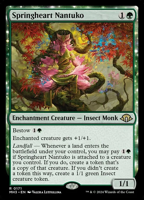 Springheart Nantuko, carta Magic di tipo Enchantment Creature — Insect Monk illustrata da Valera Lutfullina