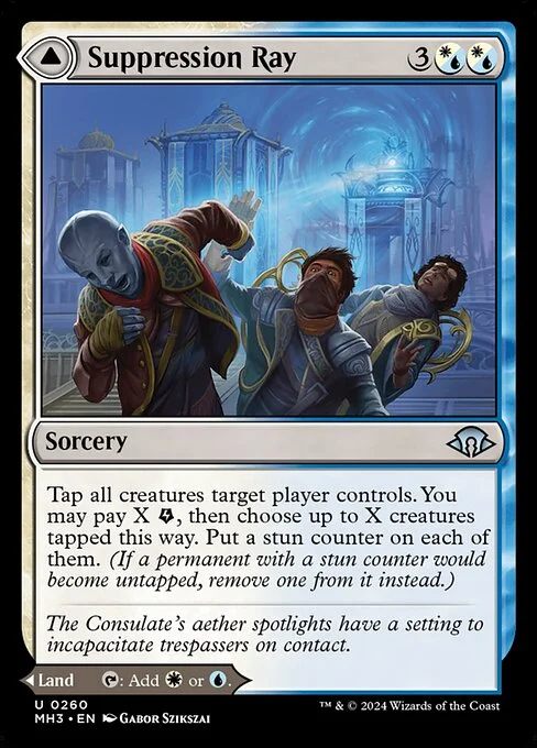 Suppression Ray // Orderly Plaza, carta Magic di tipo Sorcery // Land illustrata da Gabor Szikszai