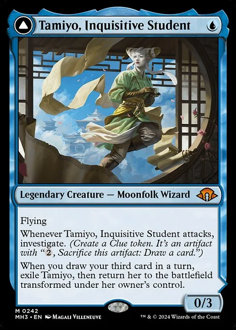 Tamiyo, Inquisitive Student // Tamiyo, Seasoned Scholar, carta Magic di tipo Legendary Creature — Moonfolk Wizard // Legendary Planeswalker — Tamiyo illustrata da Magali Villeneuve